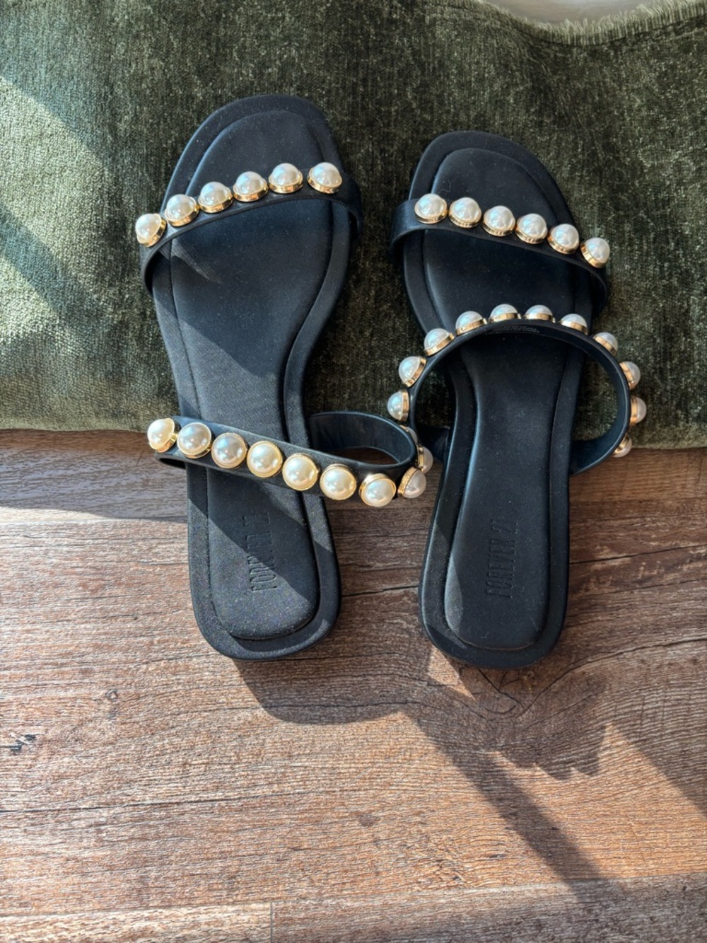 Forever 21 Black Pearl-Trim Slide Sandals
